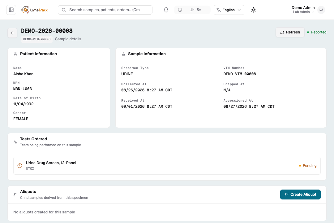 Sample detail showing collection, receipt and accessioning timestamps alongside results
